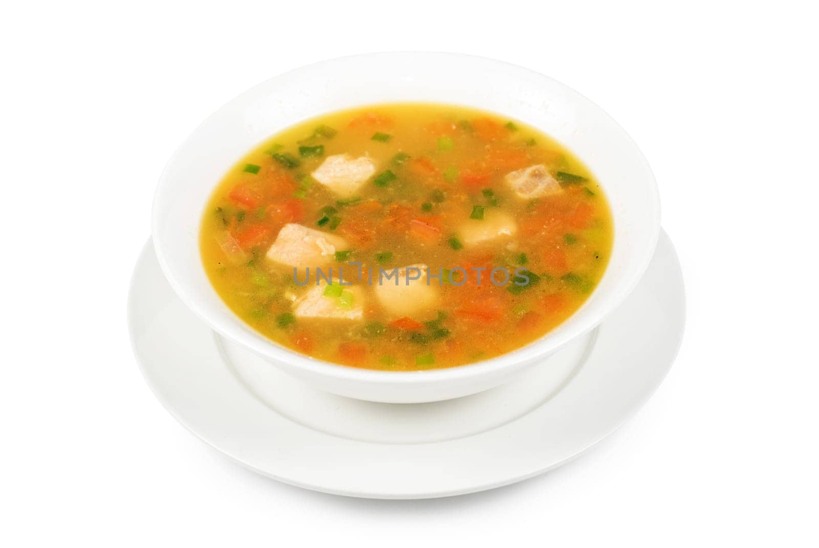 Fish soup with pikeperch and salmon isolated on a white