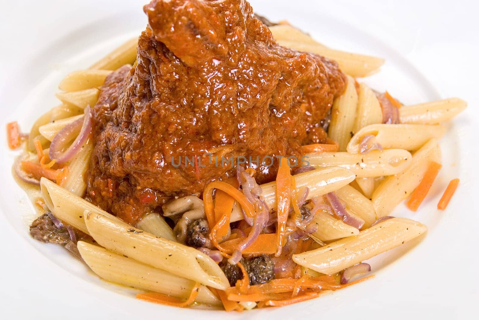 Macaroni with lamb meat and mushrooms