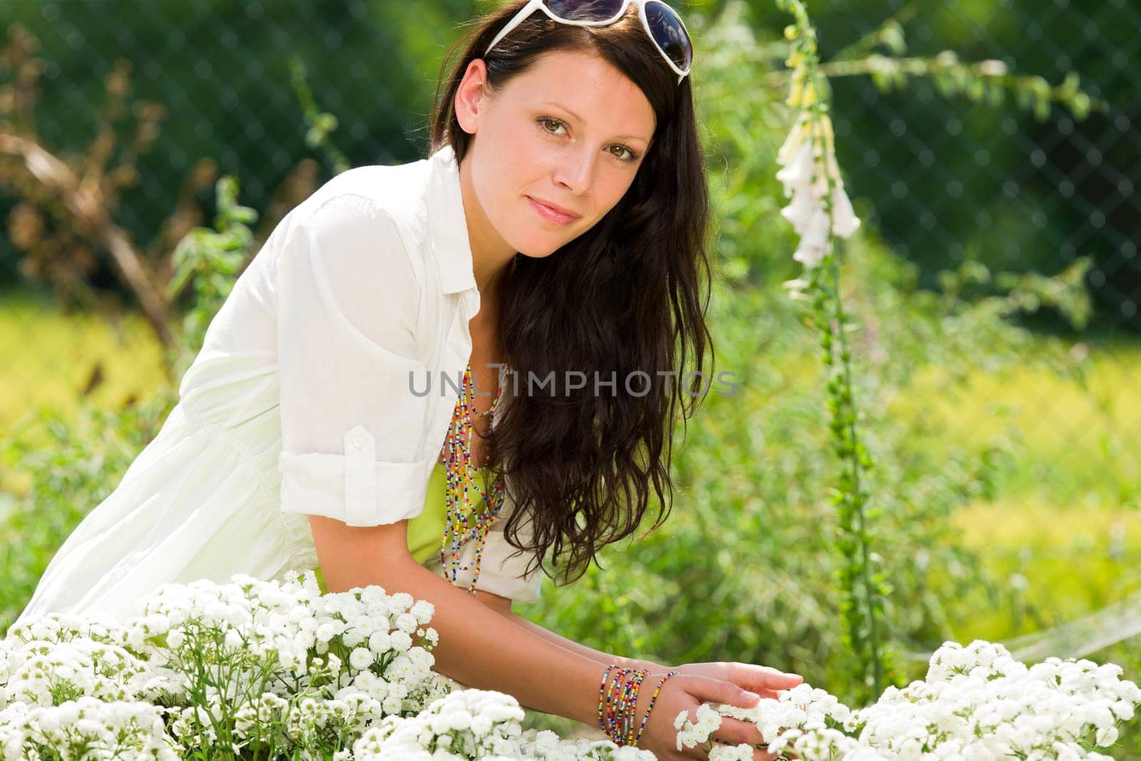 Summer garden beautiful romantic woman brunette care white flowers