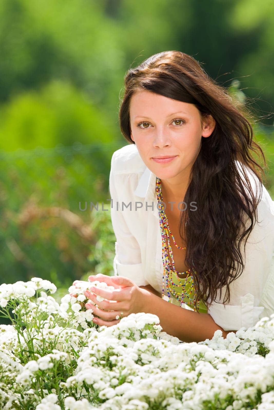Summer garden beautiful romantic woman brunette care white flowers
