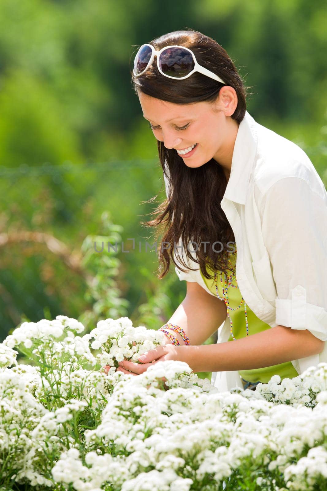 Summer garden beautiful romantic woman brunette care white flowers