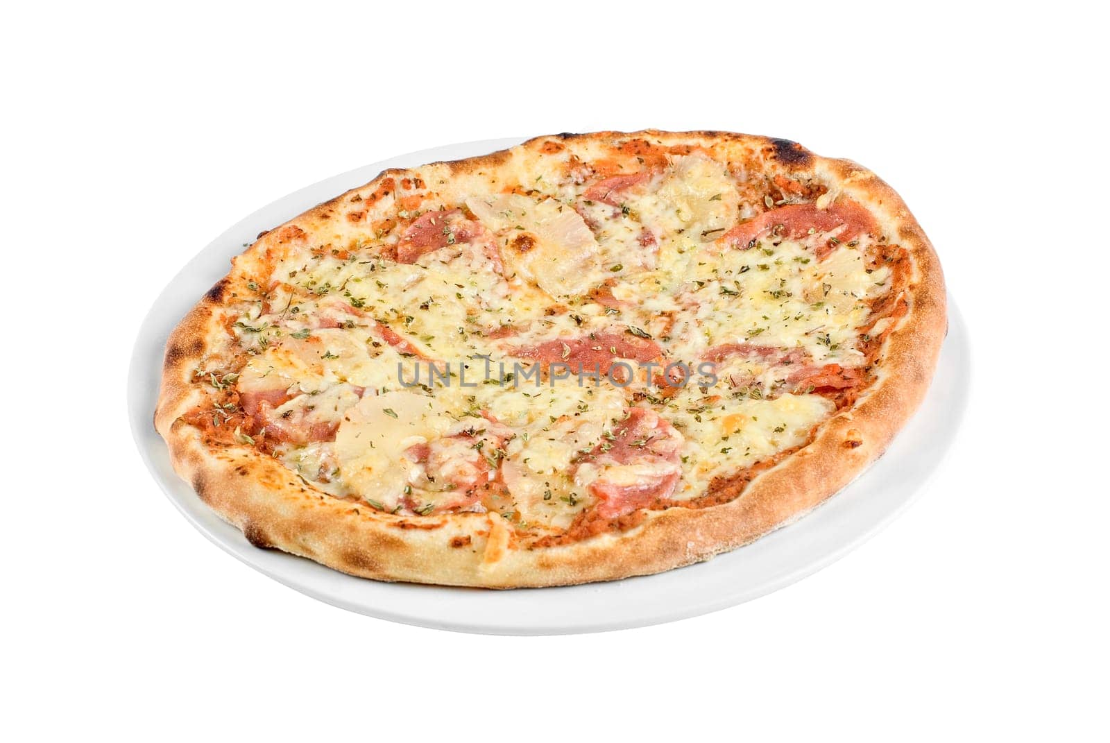 Pizza with mushrooms, ham isolated on white background