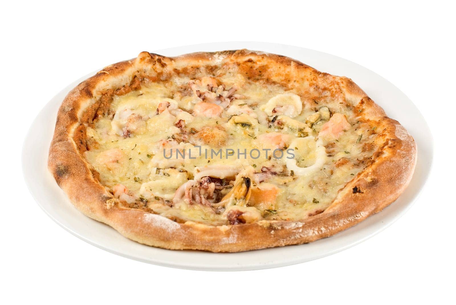 Tasty Seafood pizza on a white