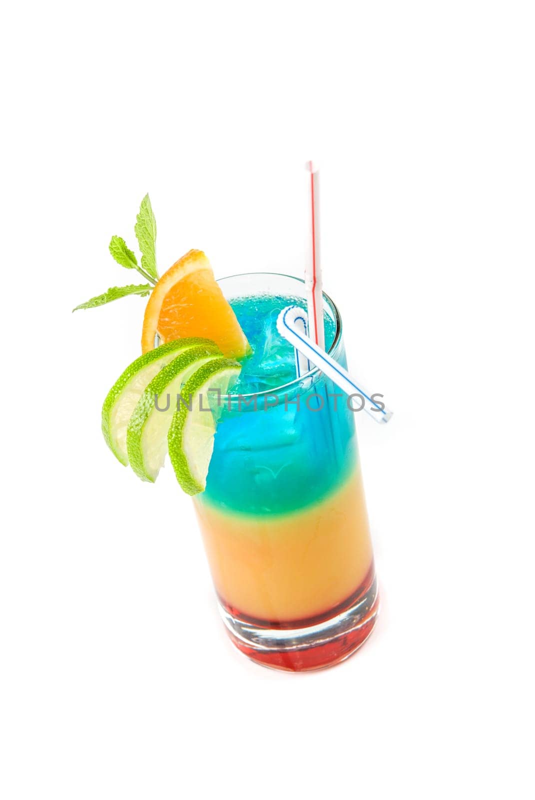 Alcoholic cocktails with lime, orange and mint decorated isolated on white background