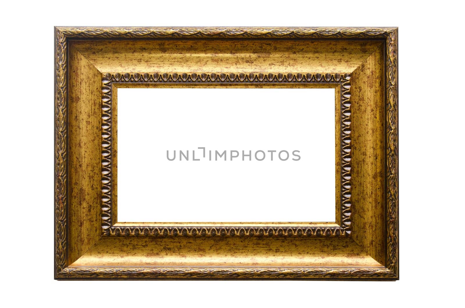 Picture gold frame with a decorative pattern on a white