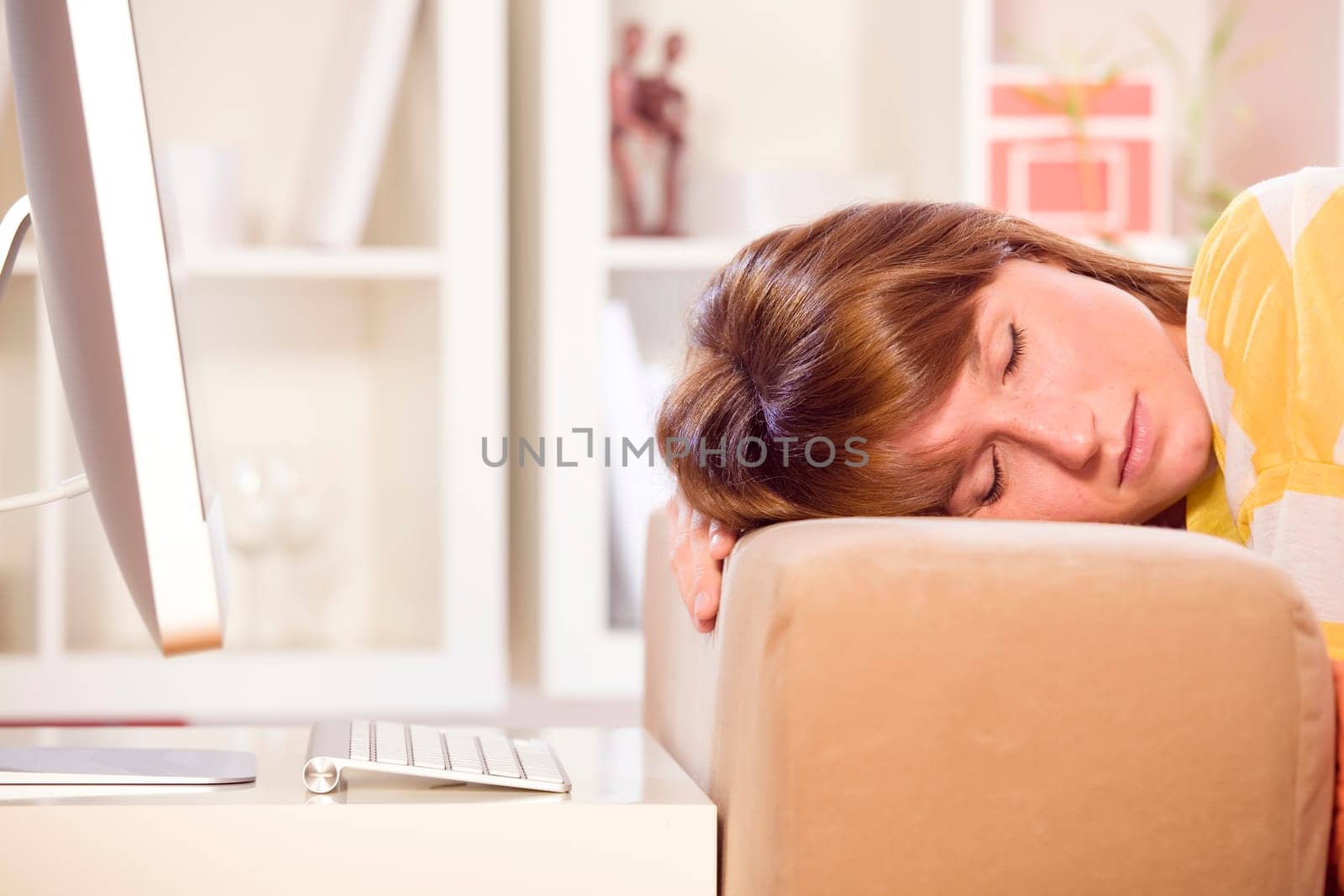 young woman have a break in front of computer