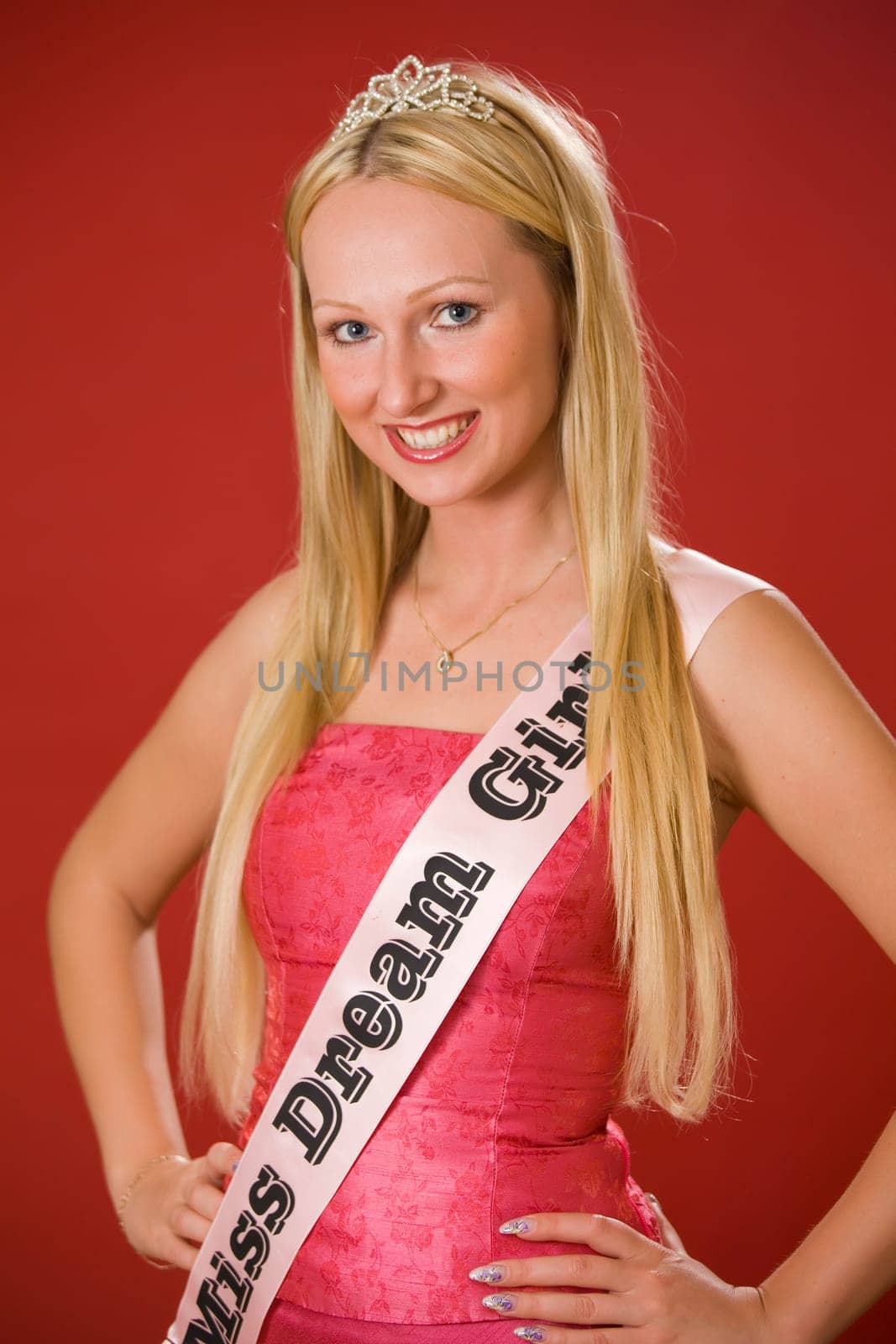 Portrait of miss dream girl over red background