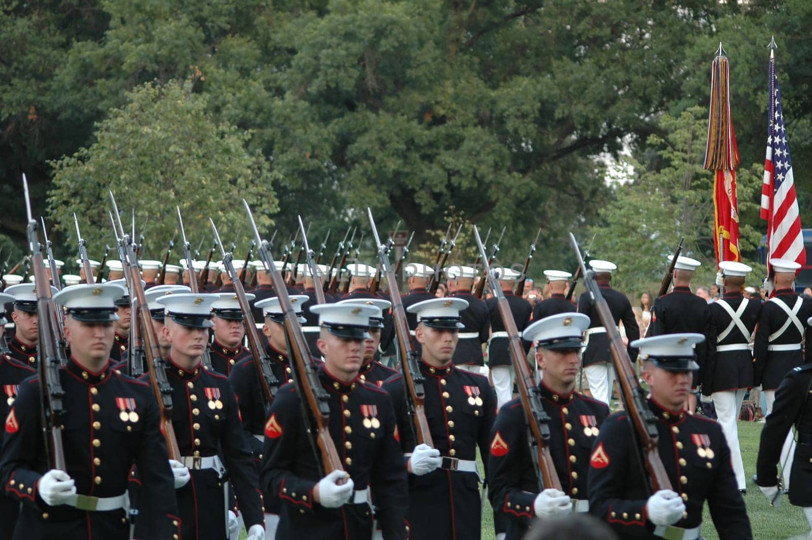 Sunset ceremony at the USMC War Memorial, more commonly known as the Iwo Jima Memorial in Arlington, Virginia