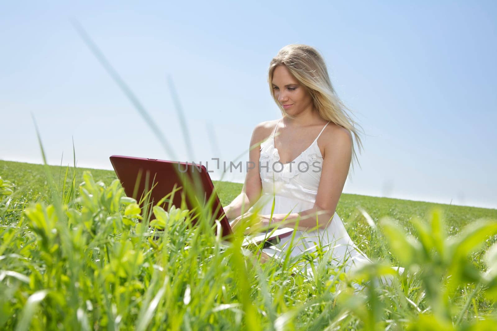 Young woman in spring or summer sitting in the meadow with notebook