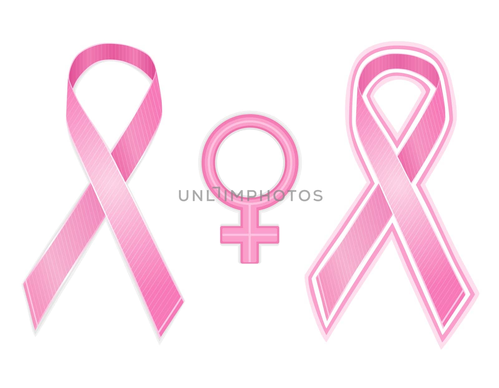 Pink breast cancer ribbons and female sex genetic symbol. Isolated over white background.