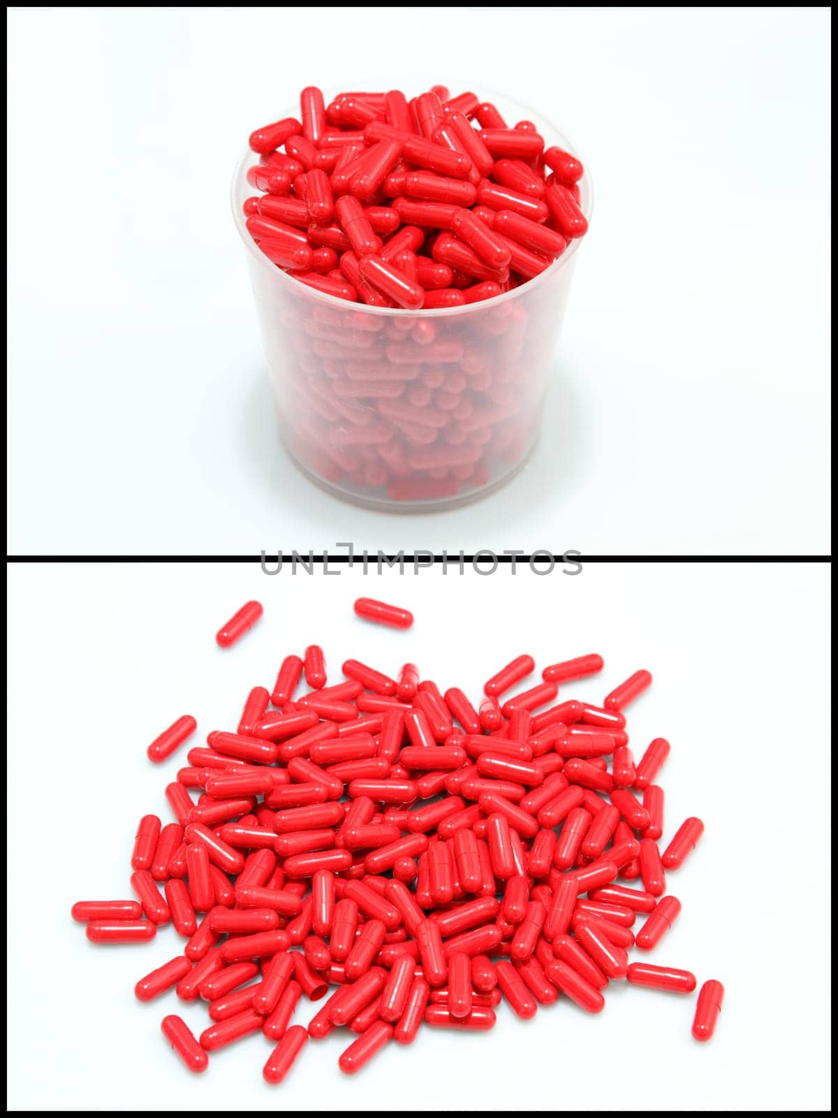 details of red pills isolated on white