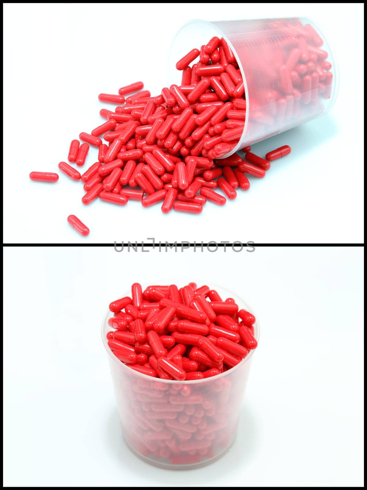 details of red pills isolated on white
