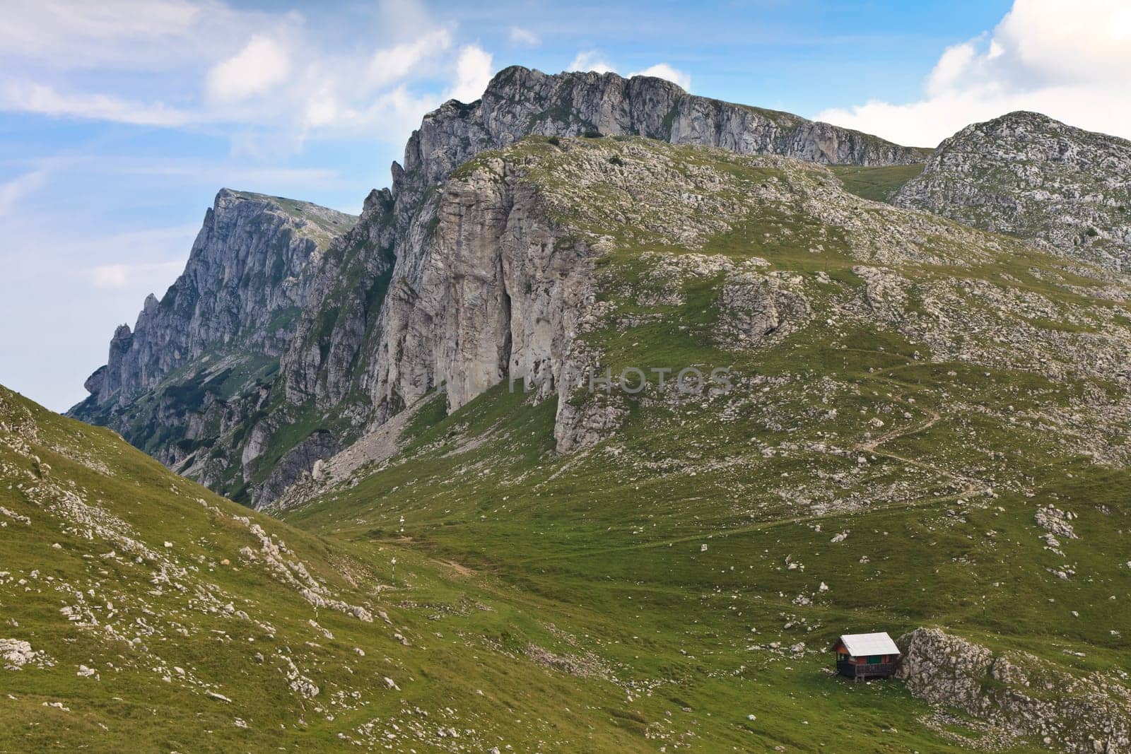 mountain landscape and a mountain refuge, Bucegi Mountains, Romania