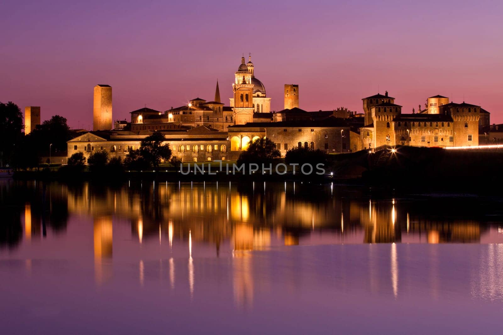 Nighttime panorama of historical Mantova, Nothern Italy