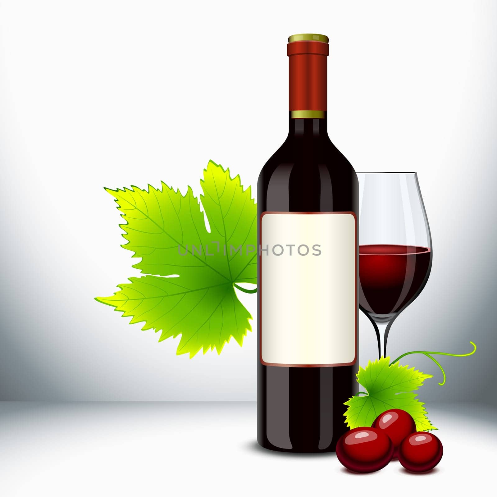 Red wine bottle and filled glass with vine