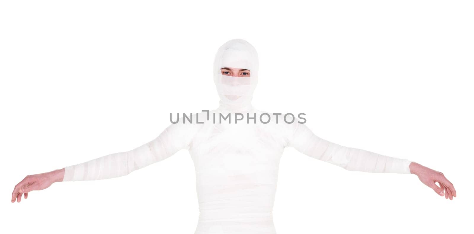 Mummified young Man isolated on white background