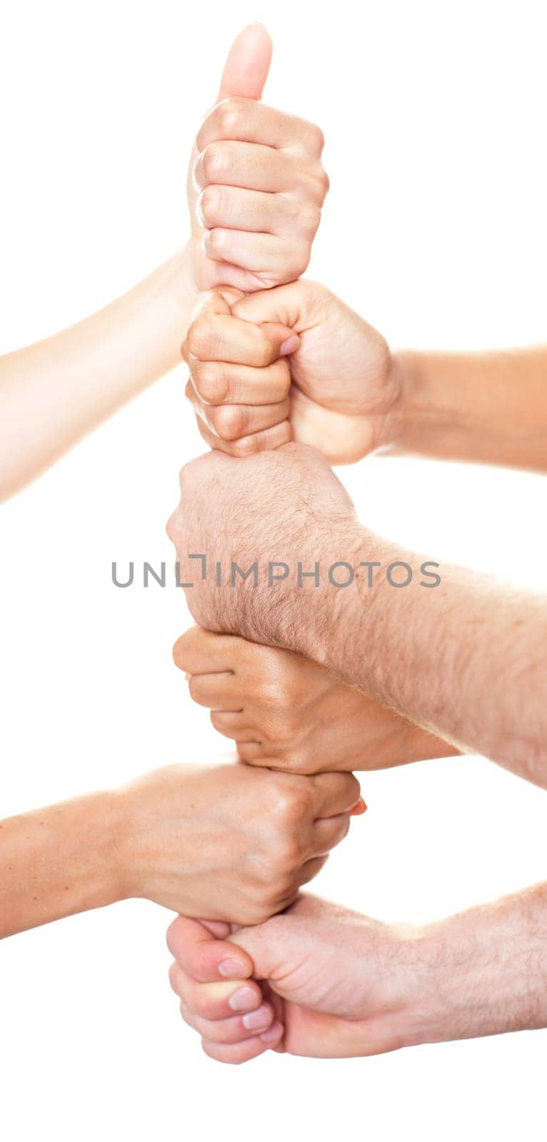 Six fists stacked on top of each other