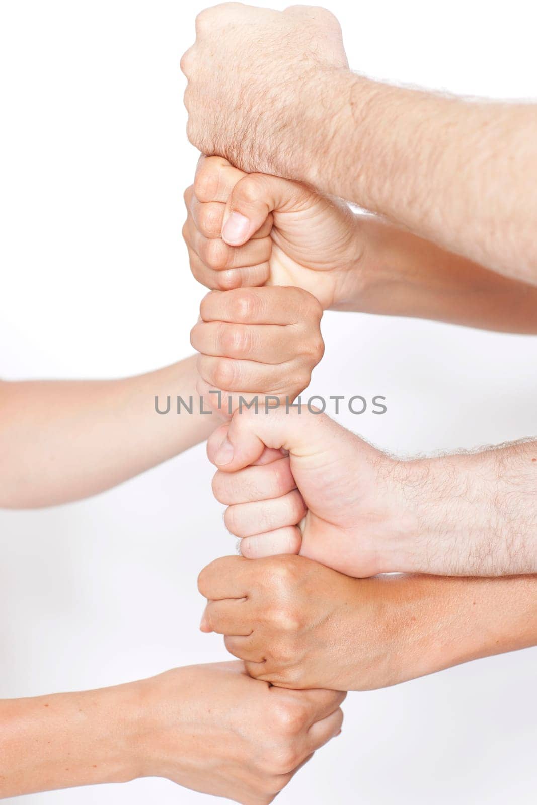 Six fists stacked on top of each other