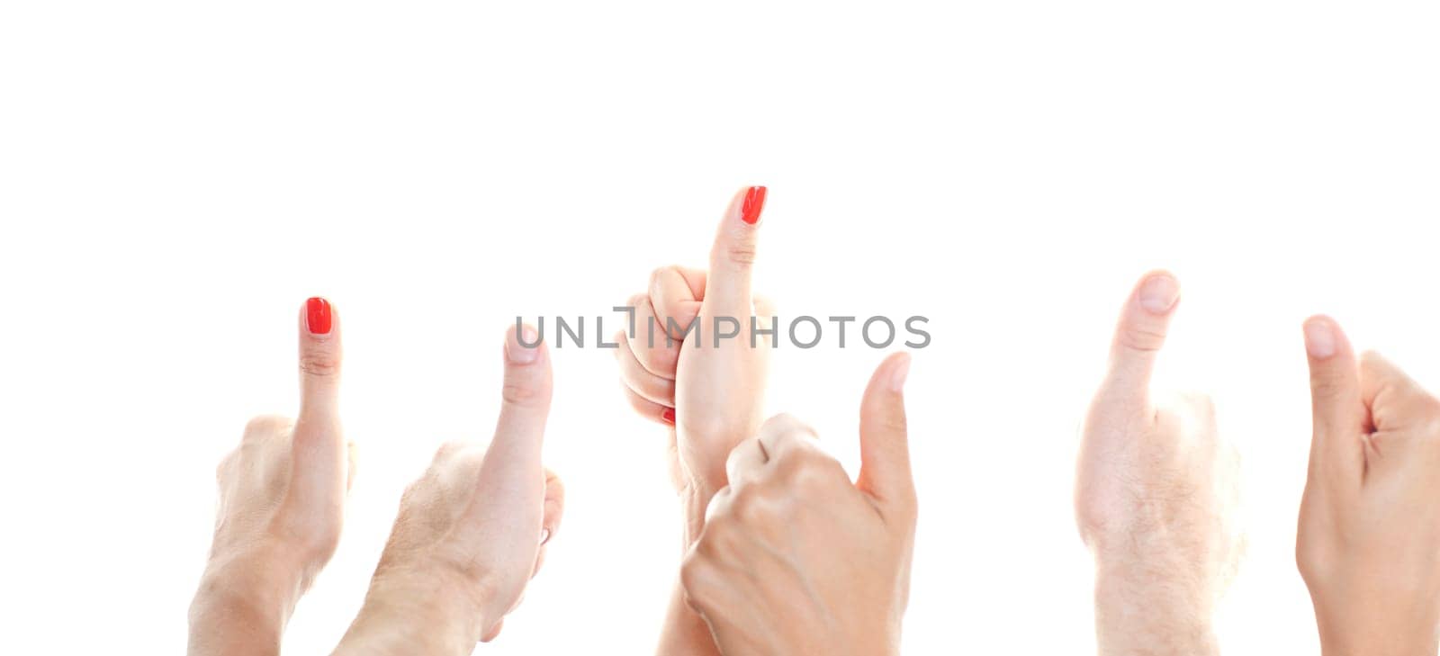 Many thumbs facing up against a white background