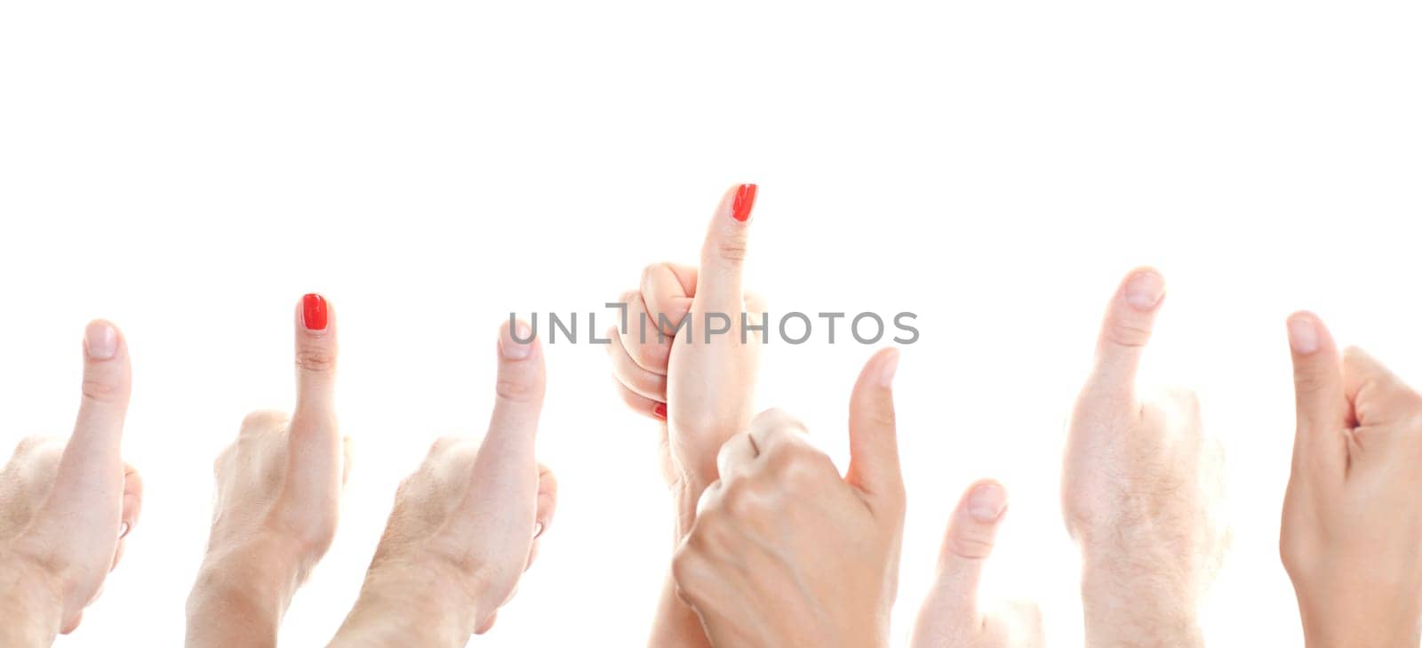Many thumbs facing up against a white background