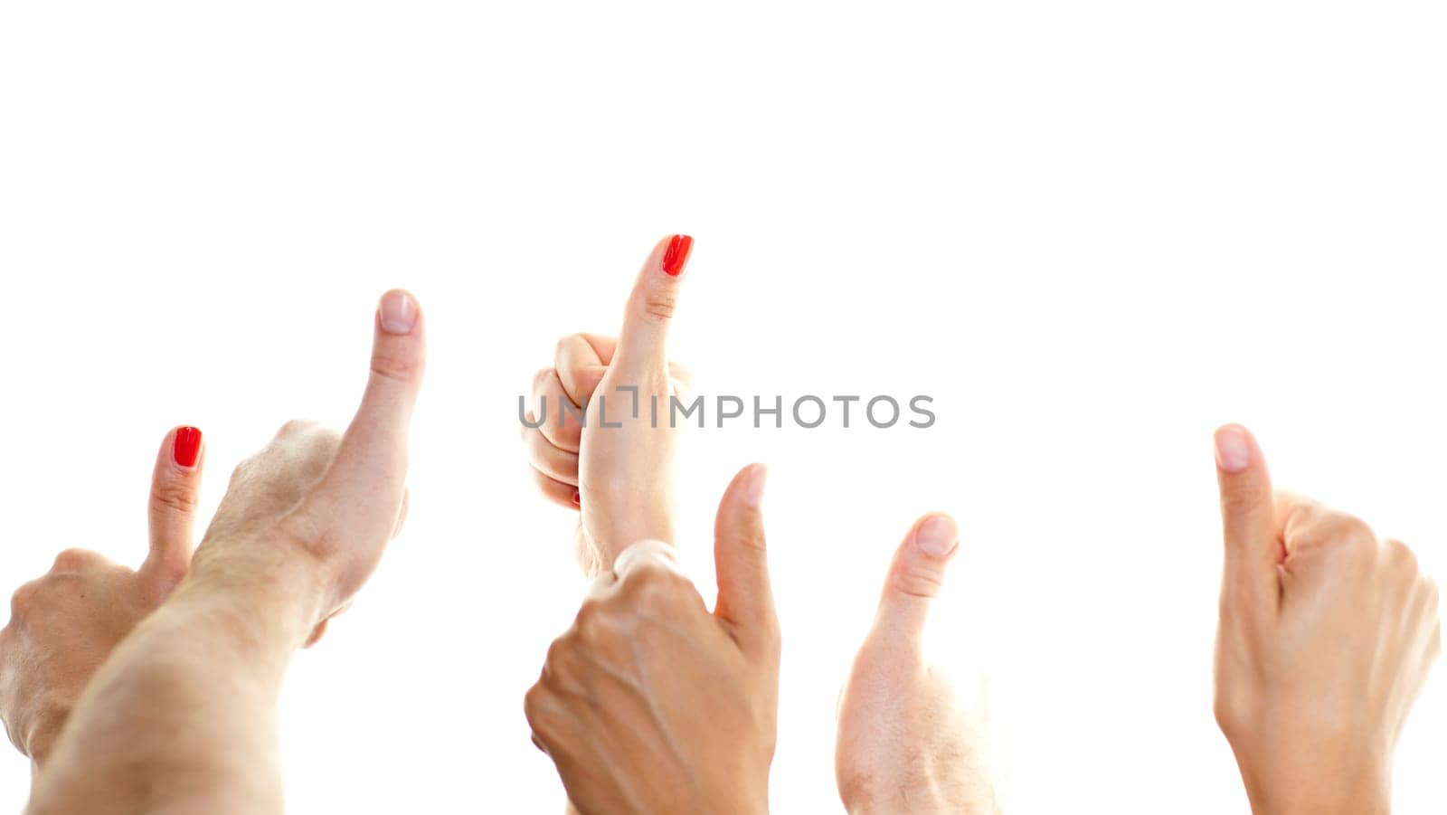 Many thumbs facing up against a white background