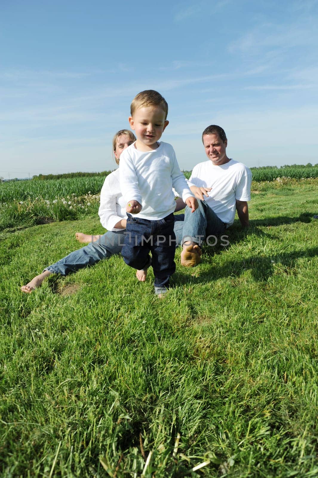Little boy and parents in summer on the meadow