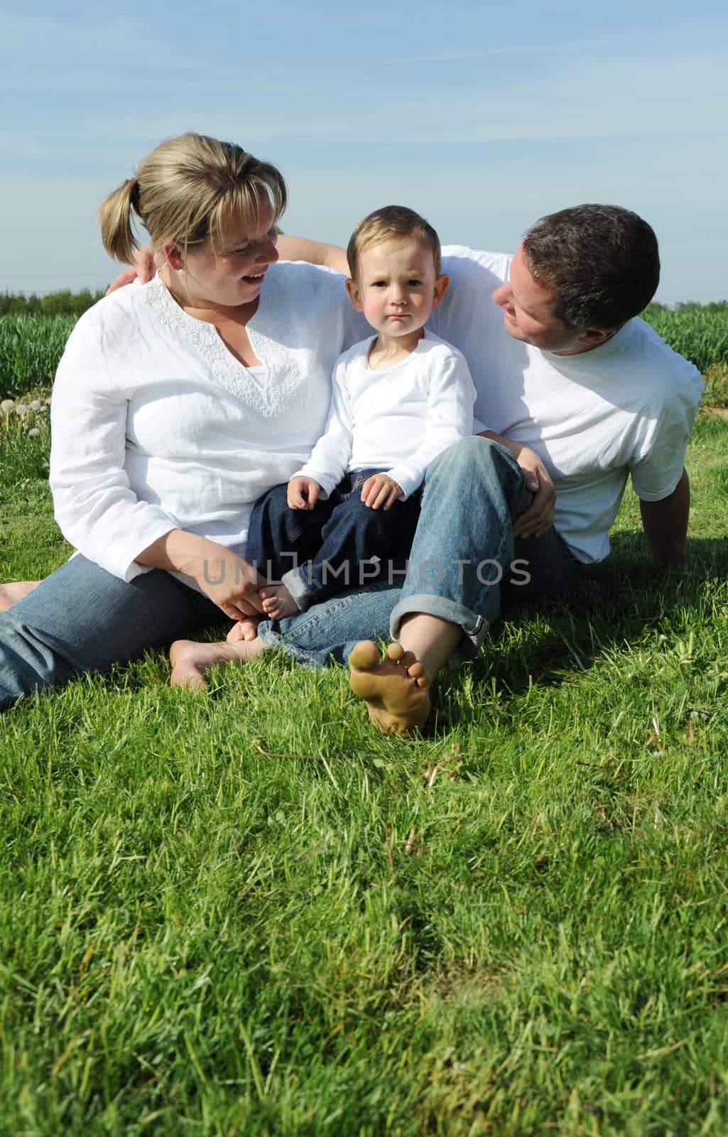 Cheerful parents and toddler on a meadow