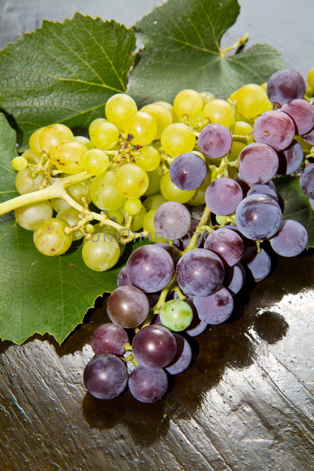 white and black grapes on wood background