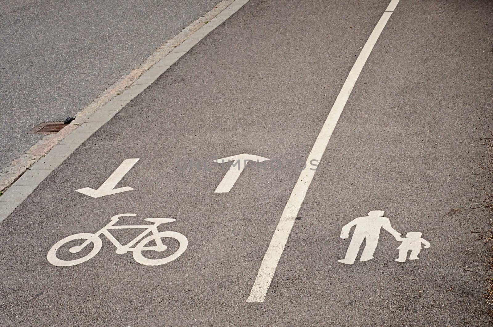Painted signs on asphalt for pedestrian and bicycle dedicated lanes
