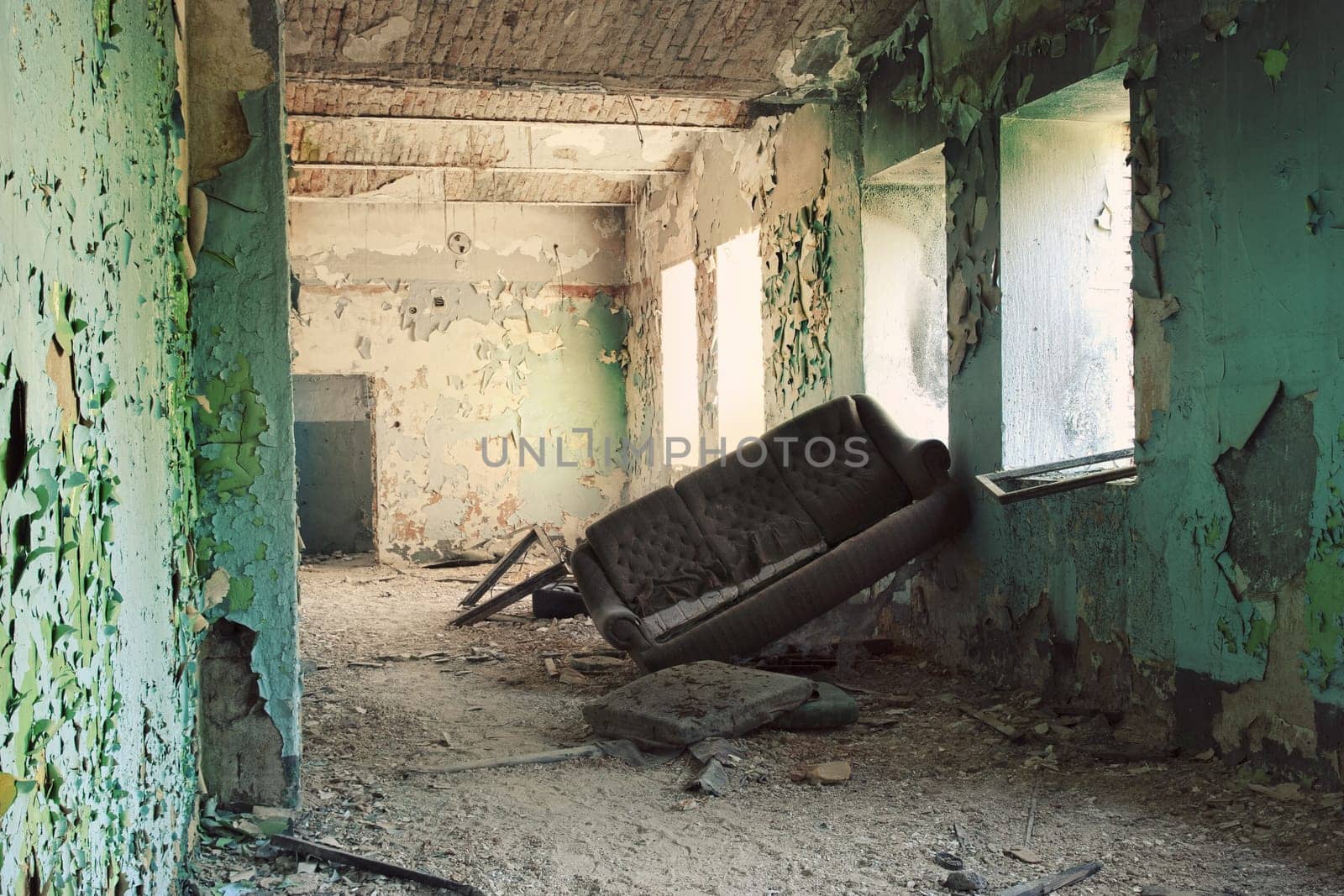 Inside depopulated building after war