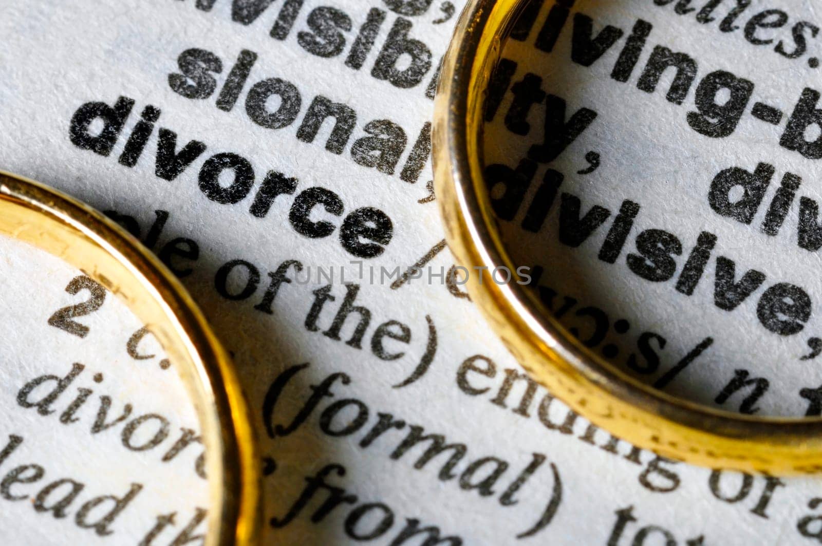 Two separate wedding rings next to the word "divorce"""