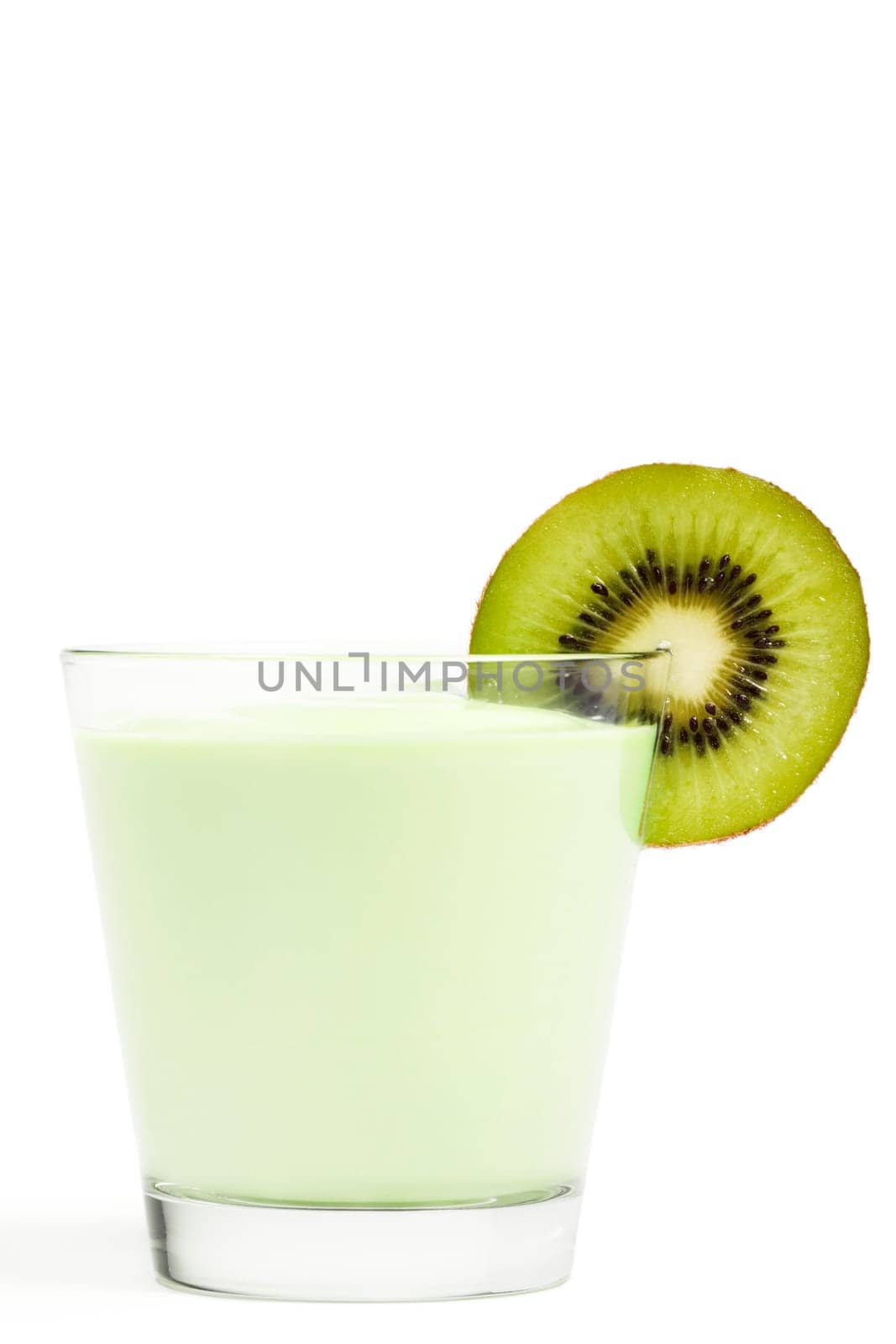 Milkshake with a slice of kiwi on a white background