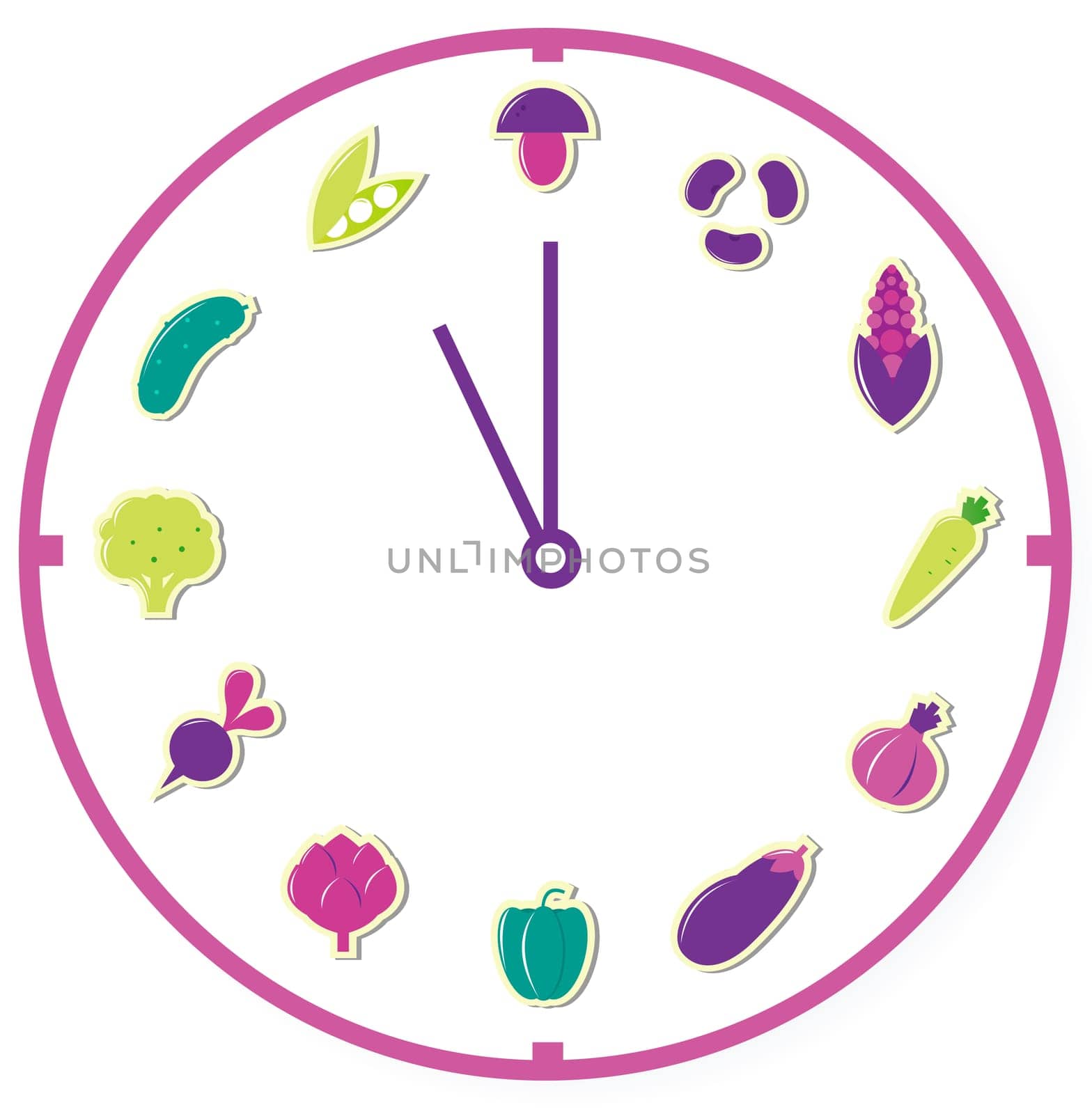 Clock showing healthy food, vegetable icons. Vector