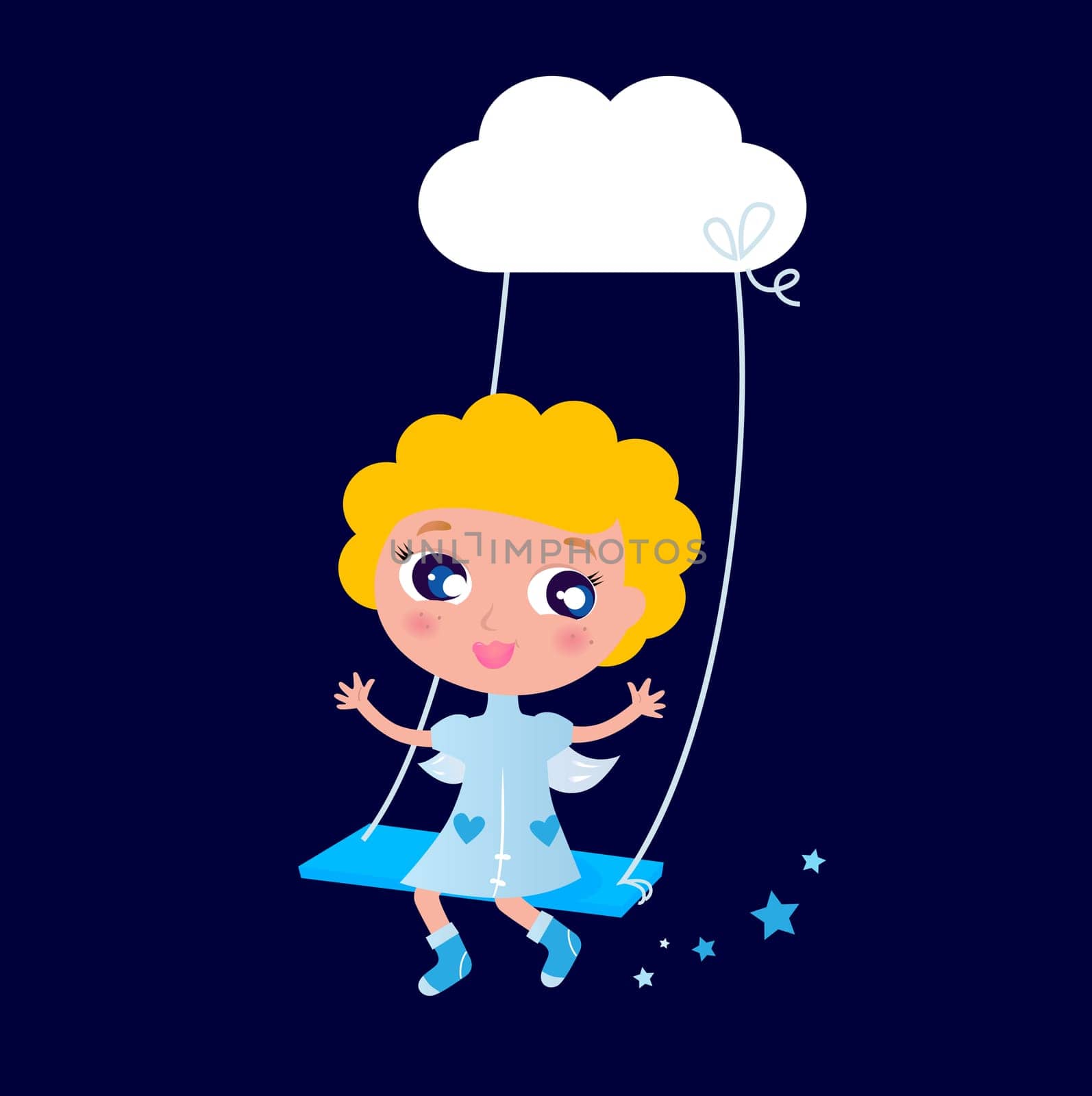 Cute angel Kid swinging in Air. Vector cartoon Illustration.
