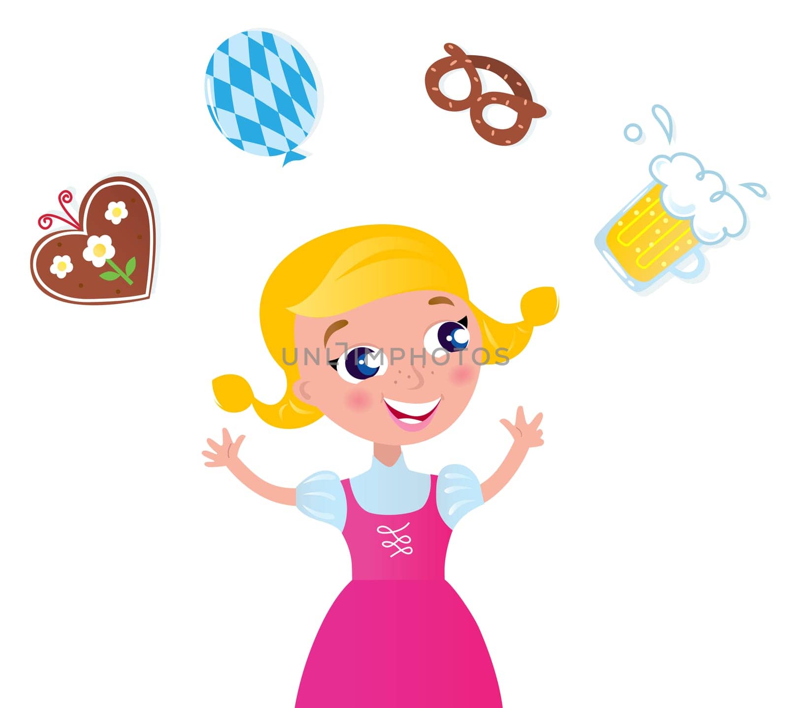 Cute blond bavarian girl with accessories isolated on white. Vector Illustration.