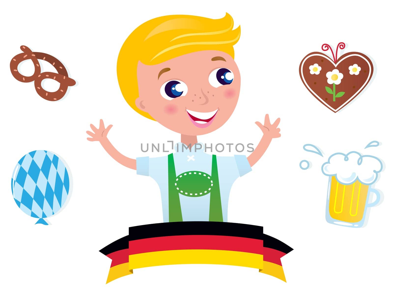 Blond boy with traditional Octoberfest symbols. Vector Illustration.