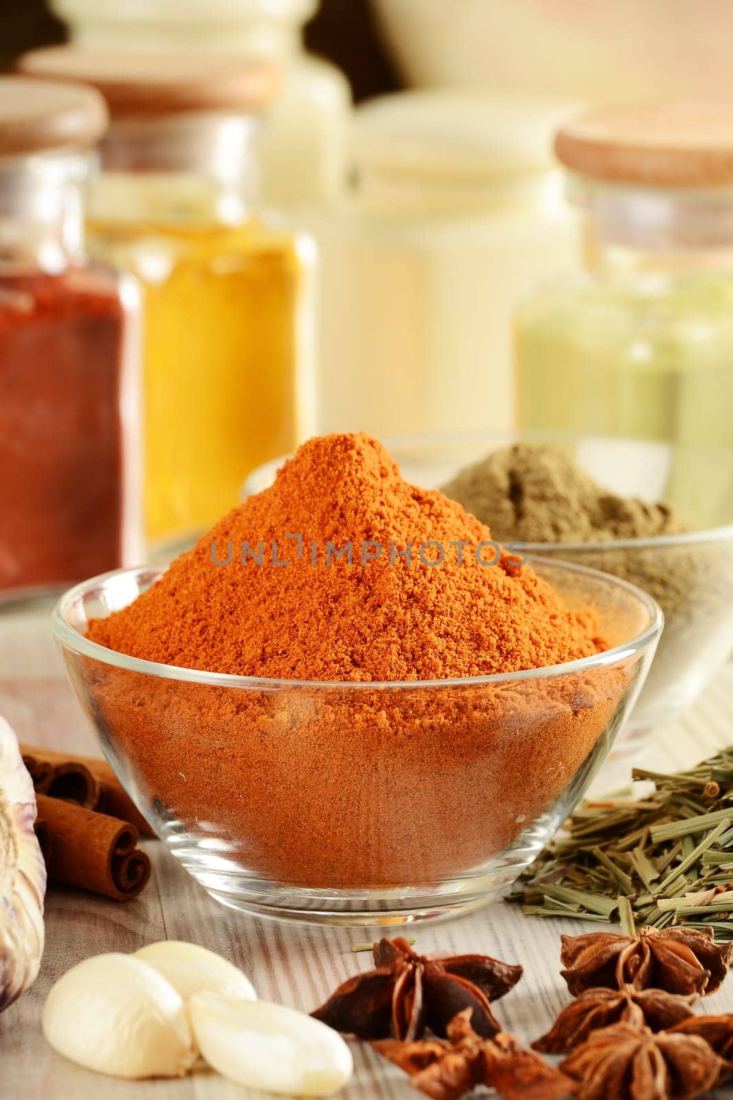 Composition with variety of spices on kitchen table