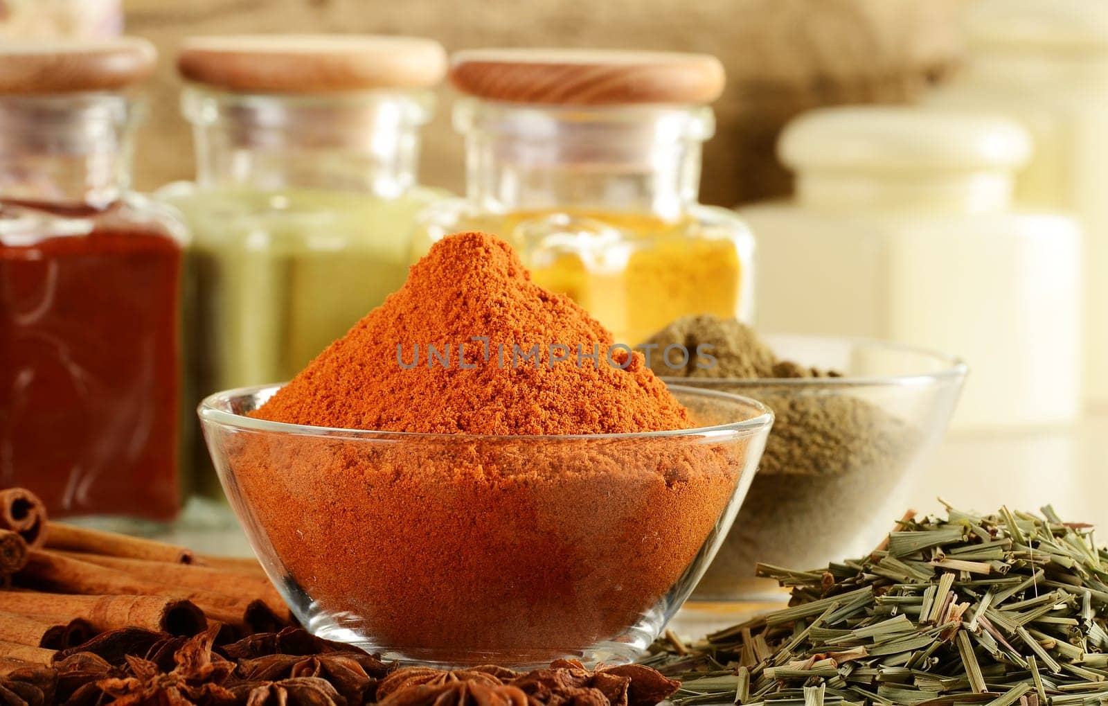 Composition with variety of spices on kitchen table