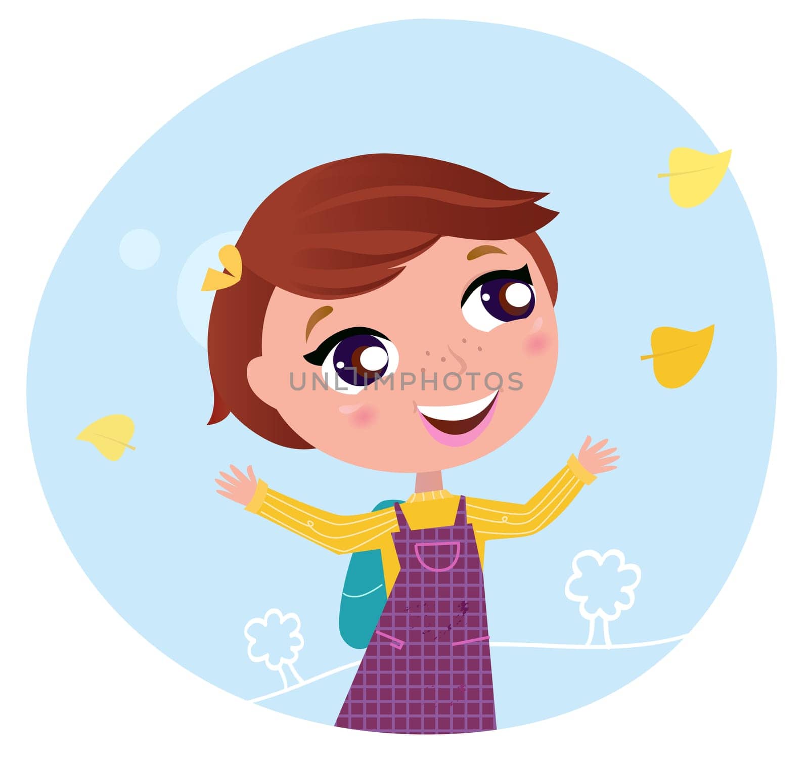 Little girl with Autumn leaves behind on her way to School. Vector Illustration.