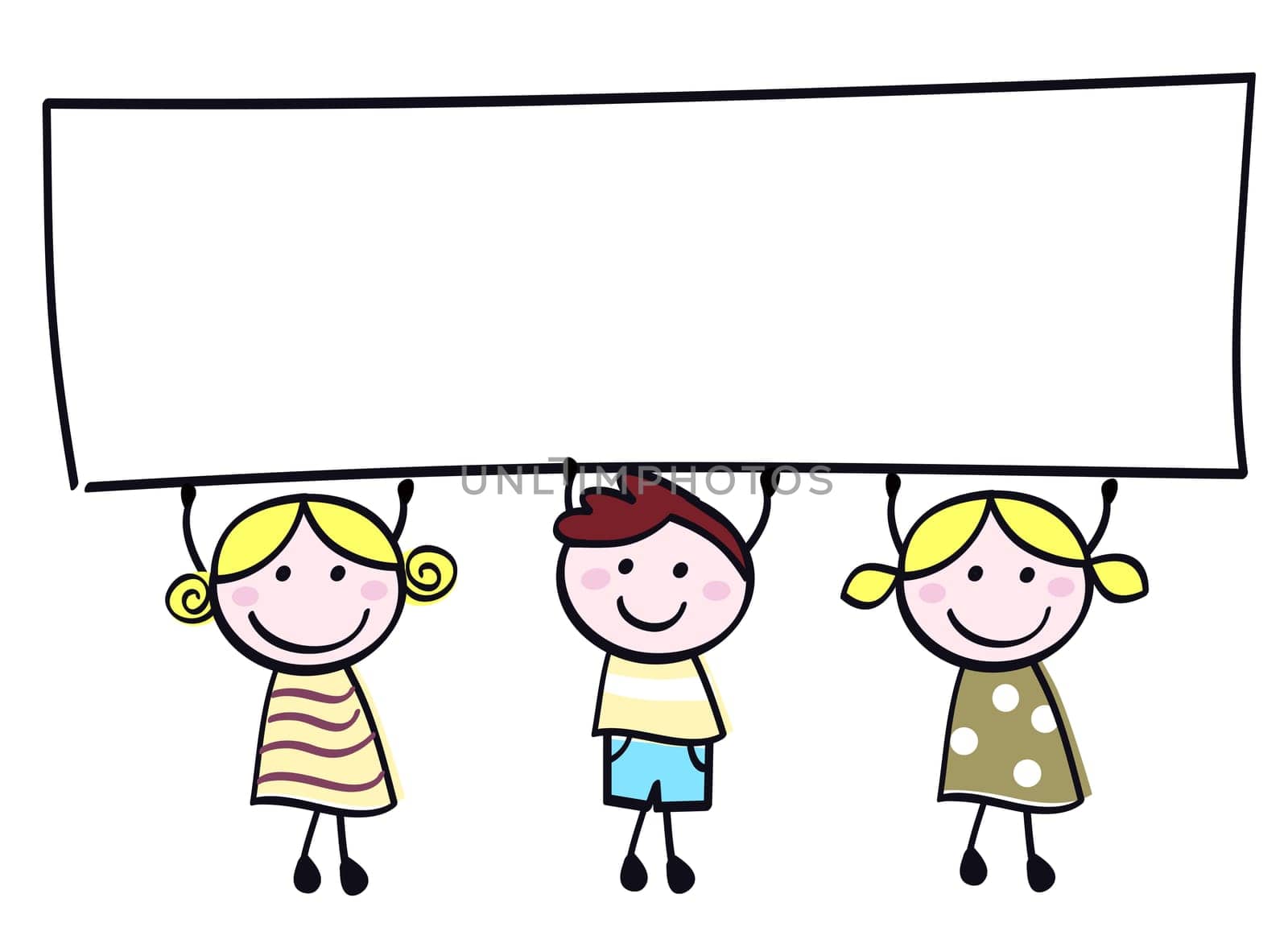 Happy cute little girls and boy holding empty blank banner - cartoon illustration.