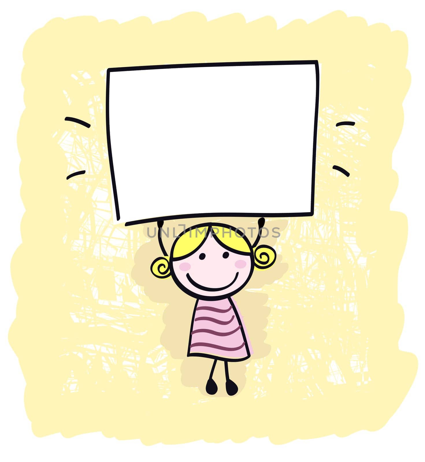Happy little kid girl holding empty blank banner sign