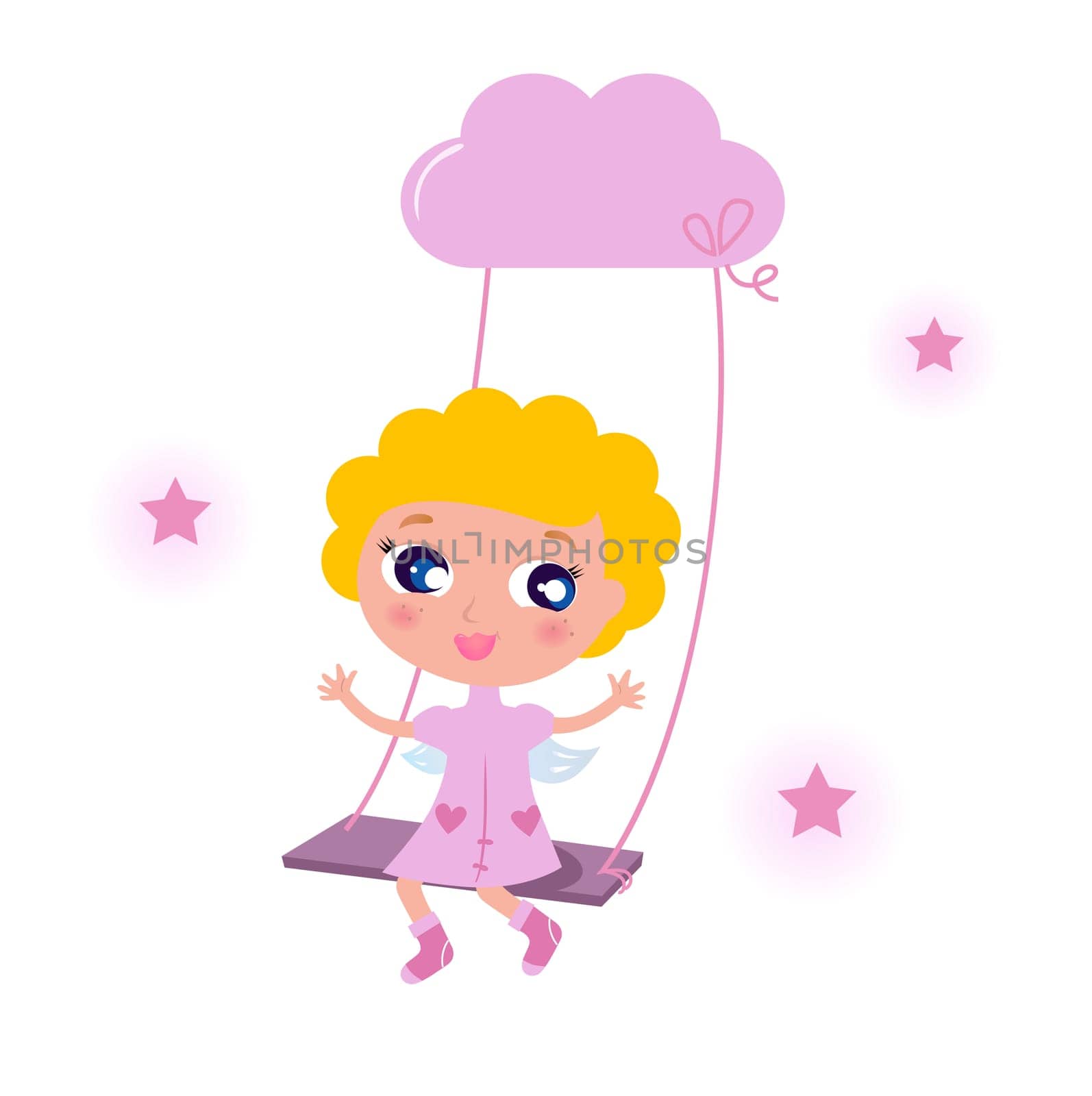 Blond cute angel swinging on sky with stars. Vector cartoon illustration.
