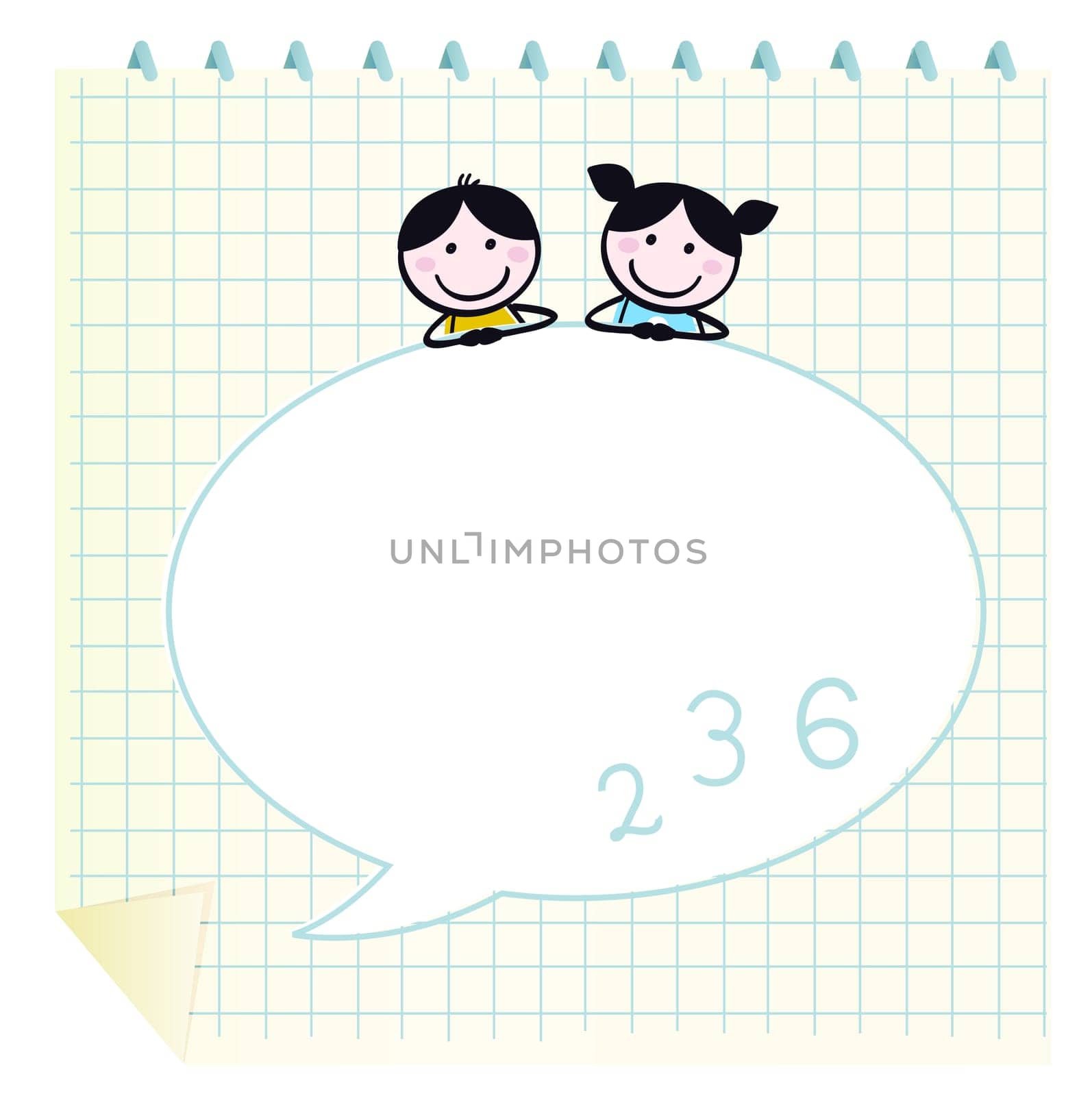 Two cute happy Children, Notepad and Speech Bubble