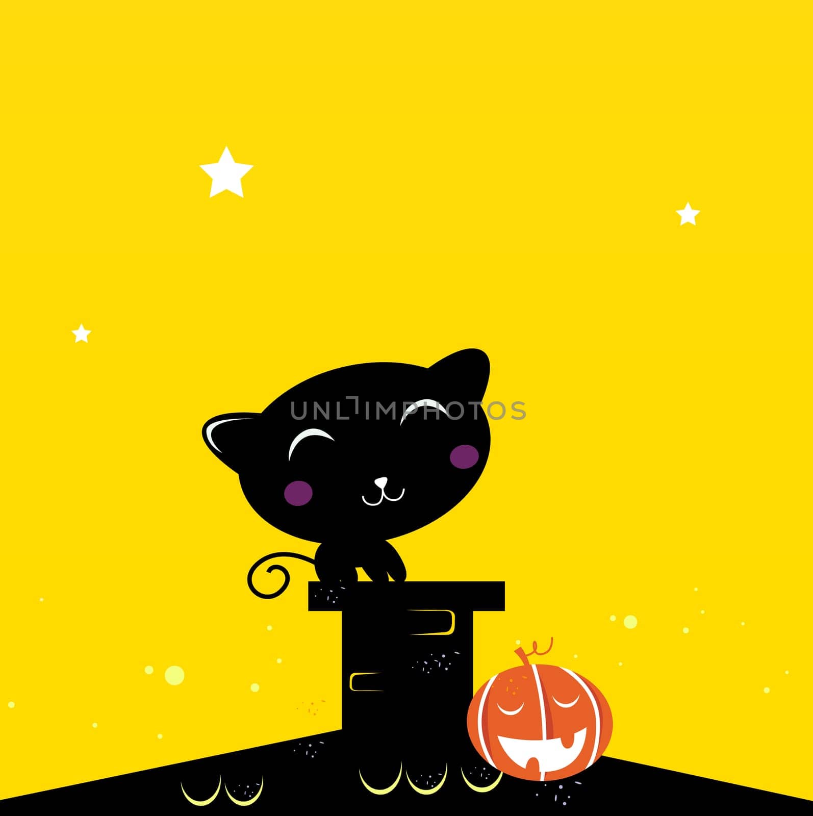 Black Cat sitting on the roof during Halloween. Vector Illustration.