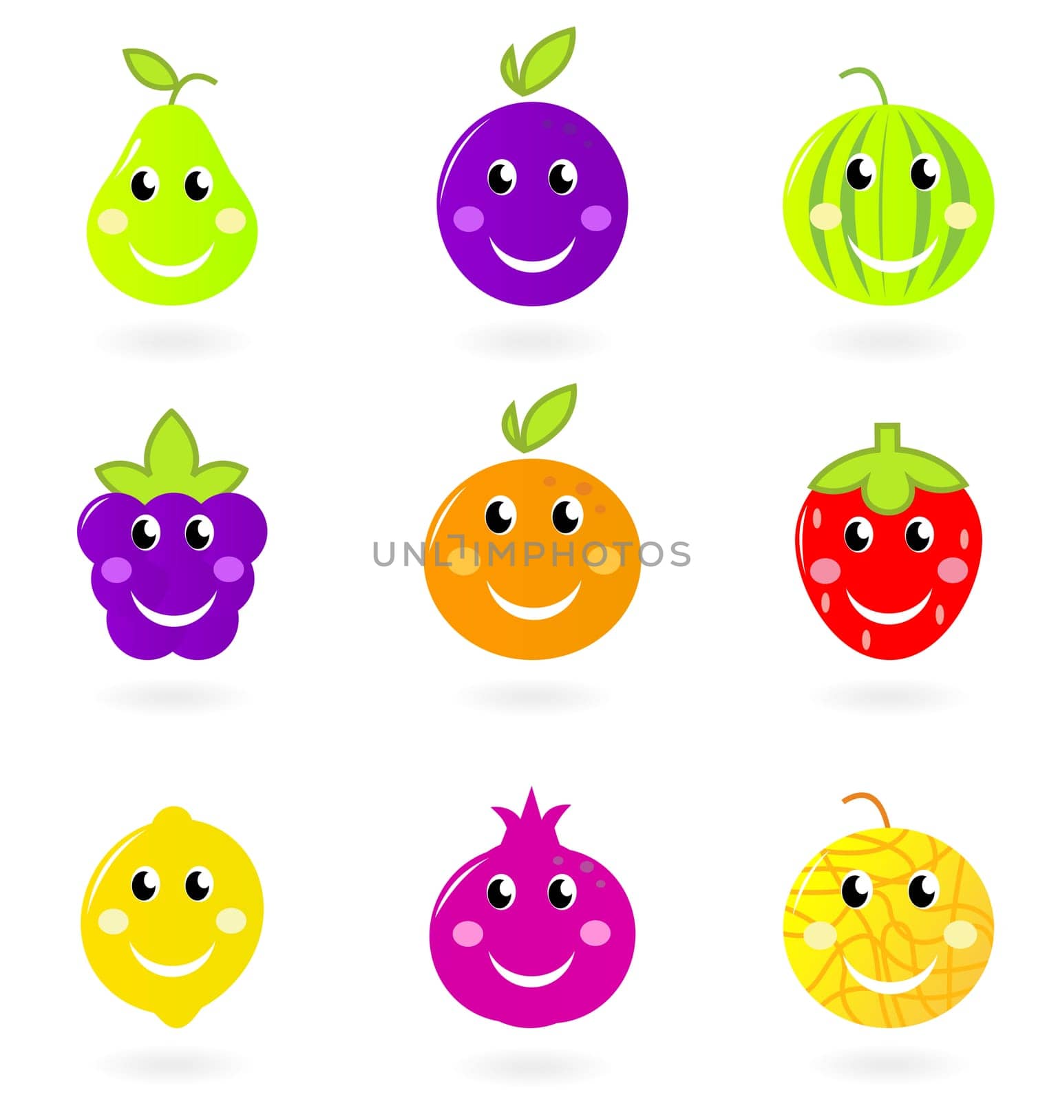 Cute cartoon vector fruity icons - orange, plum, pomegrenate, watermelon or blackberry etc. isolated on white background.