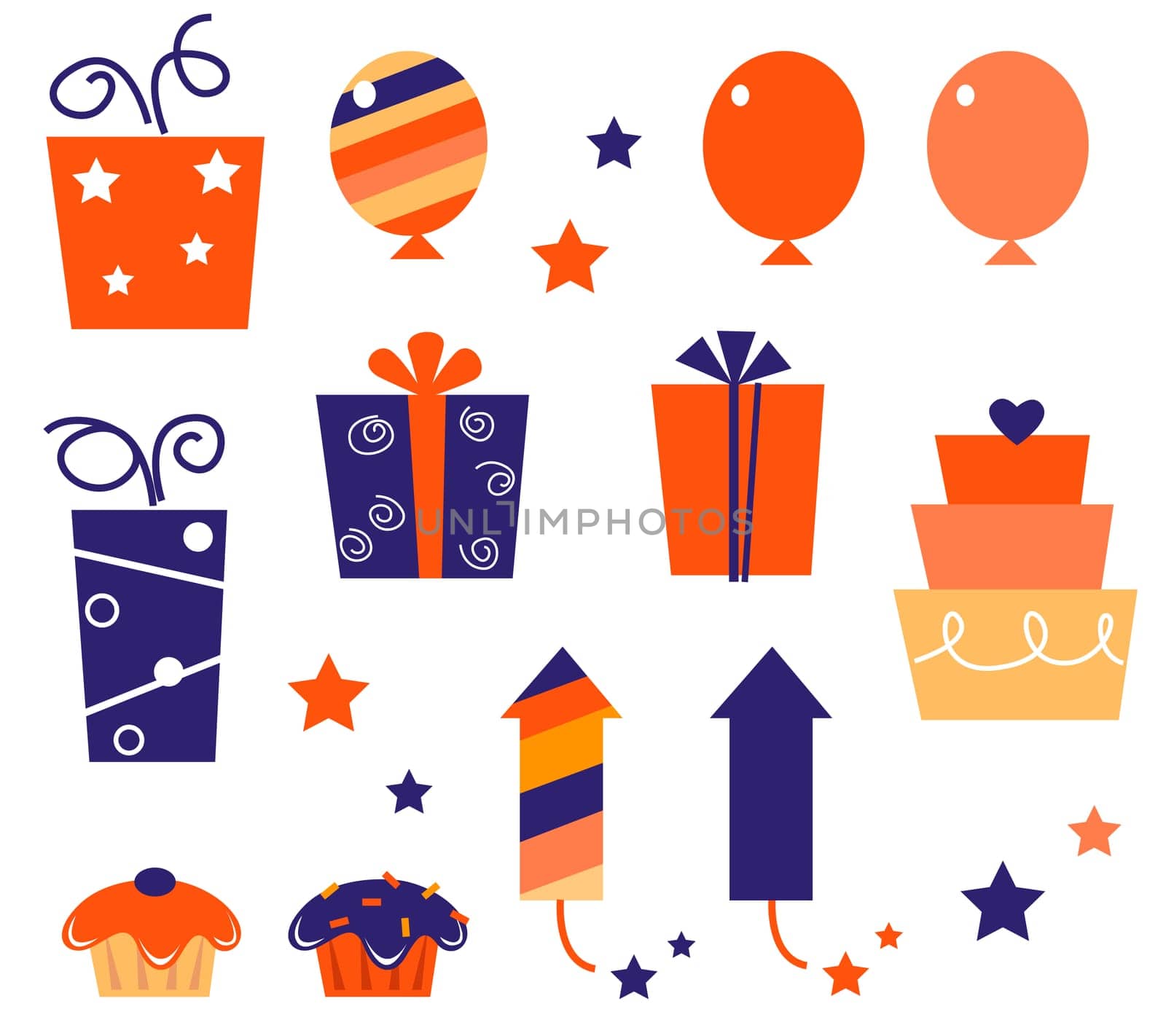 Cute gift and balloon icons and elements for party. Vector