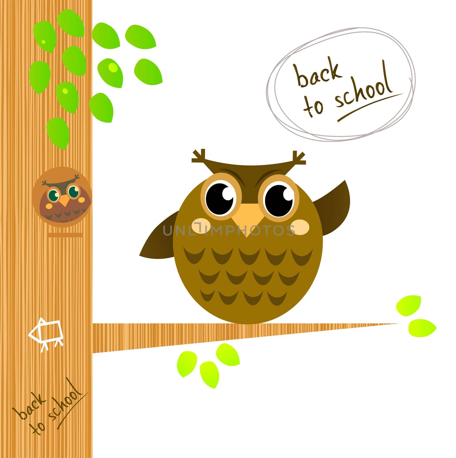 Wise owl character showing Back to school sign. Vector cartoon Illustration.