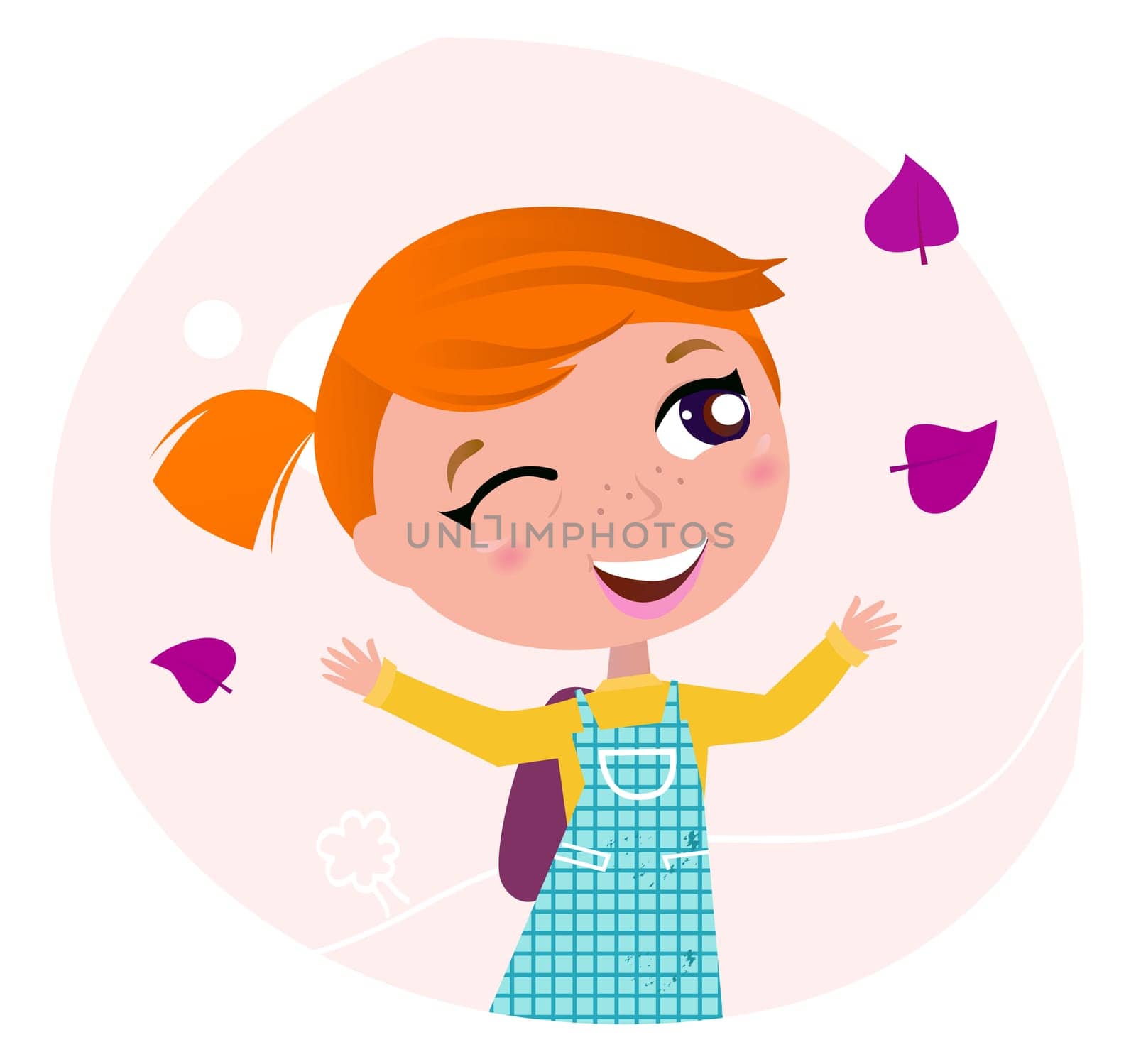 Cute Girl Going Back to School - first September school day. Vector Illustration.