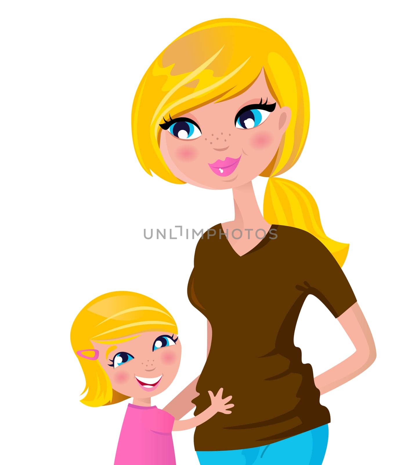 Little child hugging her Mom. Vector Illustration.