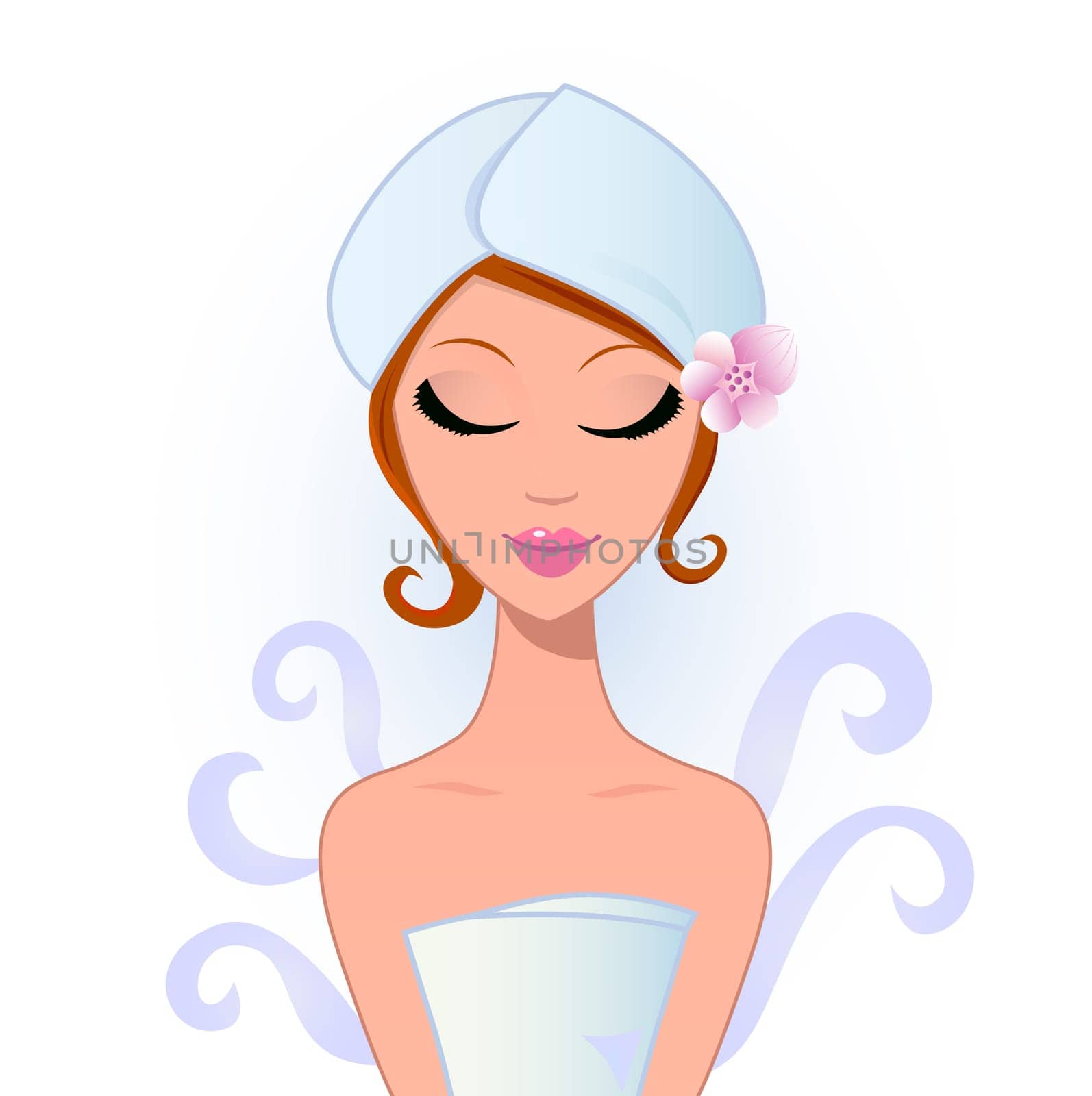 Beautiful woman with Lotus Flower in hair. Vector Illustration isolated on white.